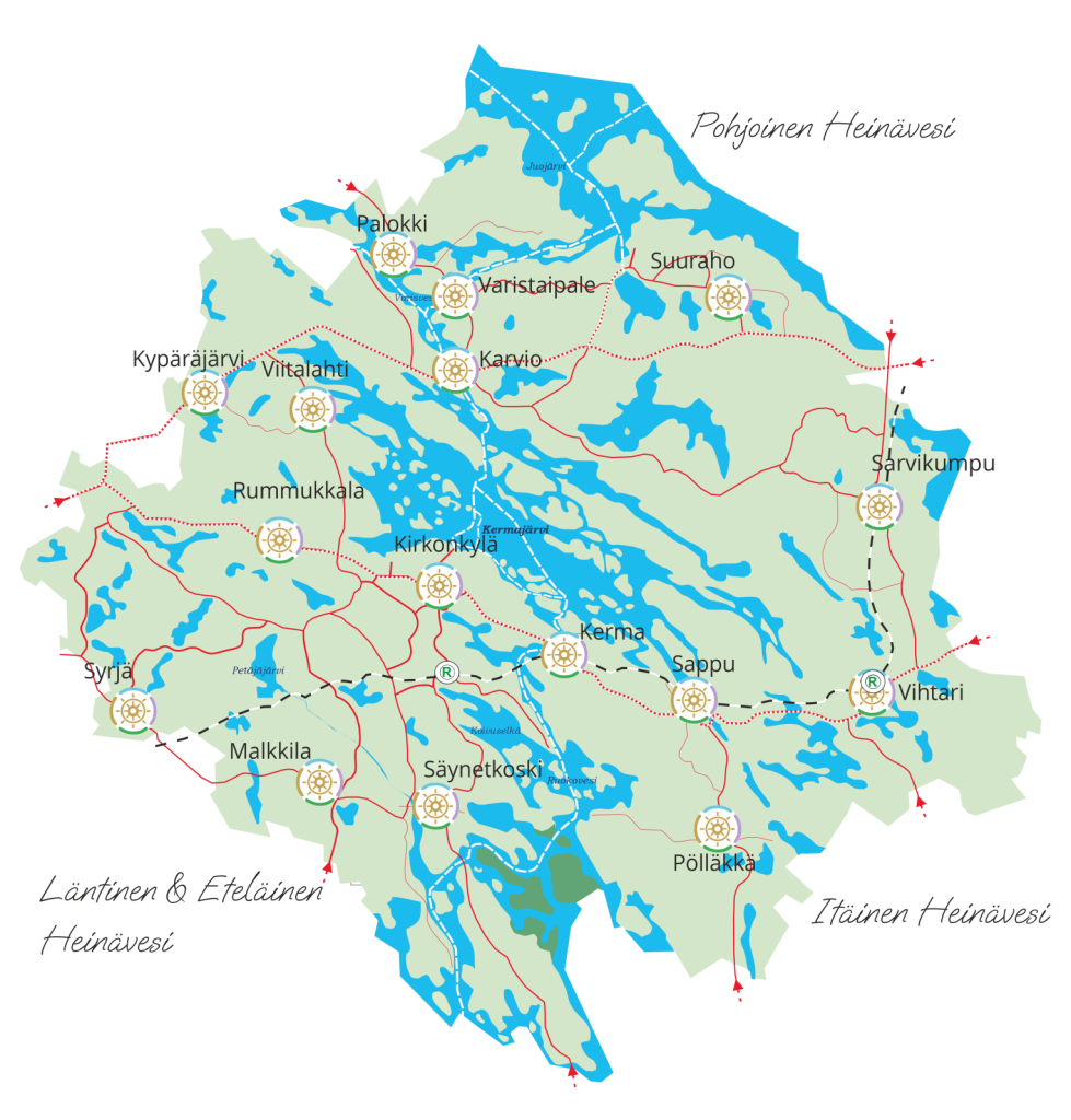 Kartta heinäveden eri osa-alueista, kuten missä on Pohjoinen Heinävesi, Itäinen Heinävesi ja Eteläinen ja Läntinen Heinävesi