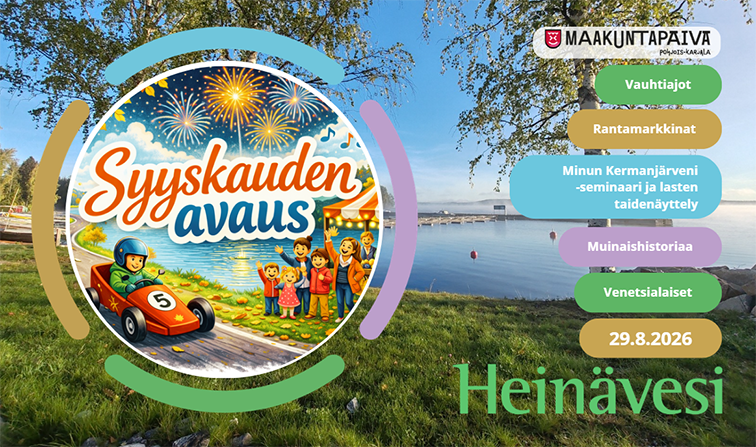 Heinävedellä 29.8.2026 vauhtiajot, Rantamarkkinat, Kermanjärvi-seminaarit ja -näyttelyt, illalla Venetsialaiset satamassa.